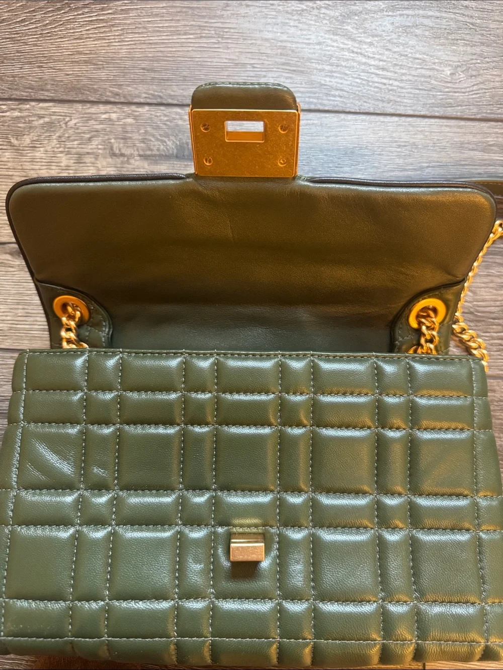 Kate Spade Quilted Olive Green Leather Chain Shoulder Bag with Gold Hardware